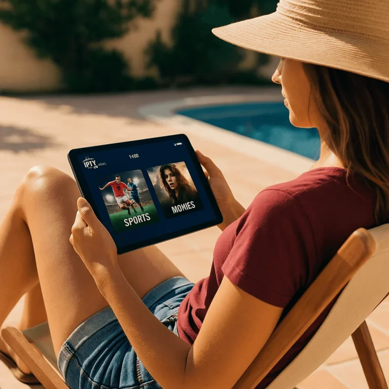 Femme regardant IPTV Smarters Pro sur tablette au bord d’une piscine en été