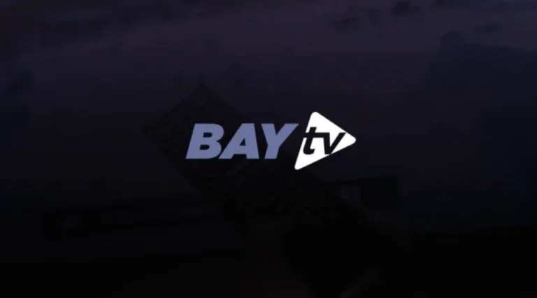 BayIPTV logo with remote control in hand and blurred TV screen in background