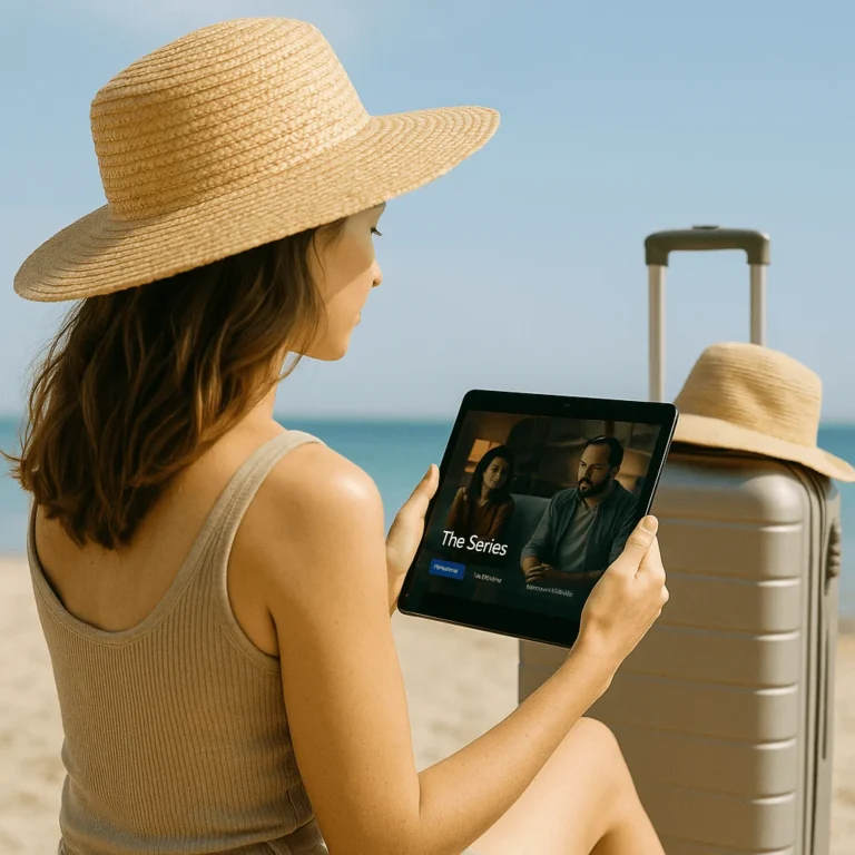 Woman watching a series on a tablet while sitting on a beach with suitcase and straw hat beside her