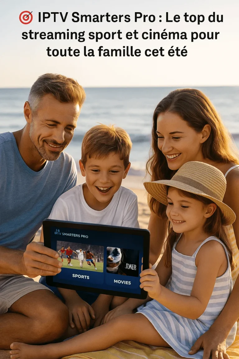Famille regardant IPTV Smarters Pro à la plage sur tablette en été