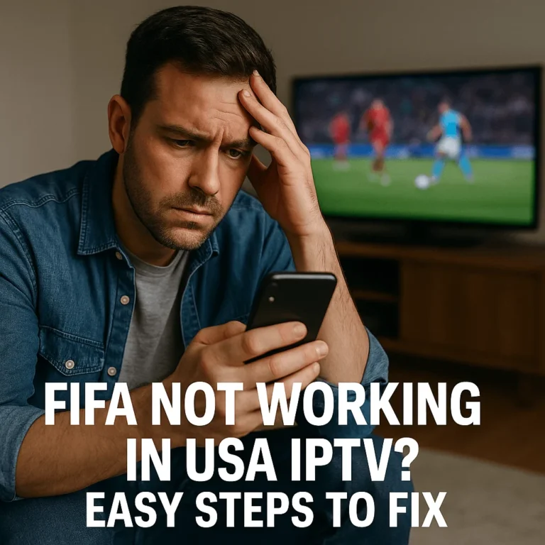 Man looking frustrated at his phone with FIFA game on TV in background