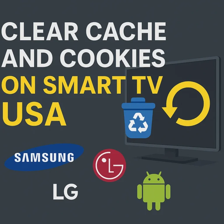 Minimal infographic style guide for clearing cache and cookies on Smart TV Samsung, LG, and Android in the USA