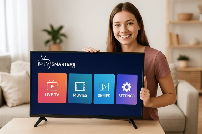 Jeune femme souriante présentant l’interface d’IPTV Smarters Pro sur TV à la maison