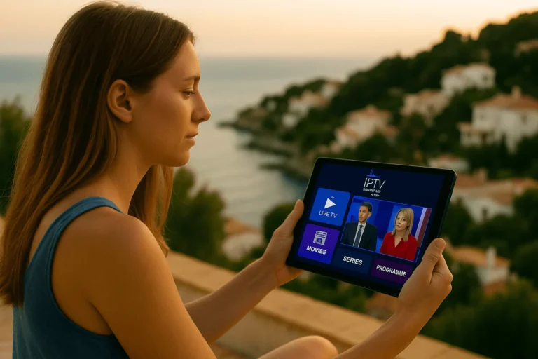 Femme française regardant la TV sur tablette via IPTV Smarters Pro en terrasse avec vue sur mer