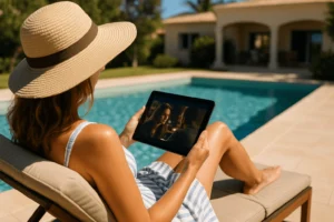 Femme allongée sur un transat regardant un film sur tablette avec IPTV Smarters Pro