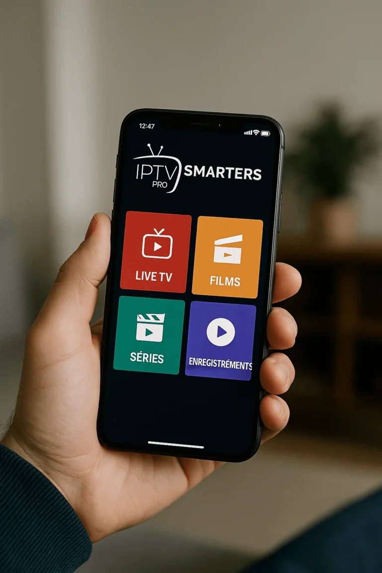 Smartphone showing IPTV Smarters Pro menu with French options
