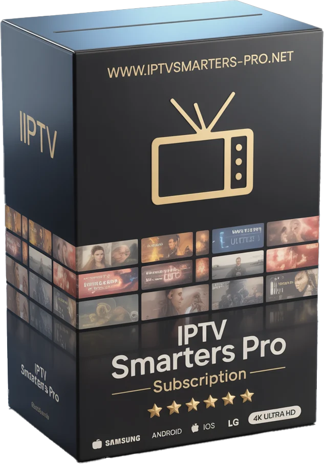 IPTV Smarters Pro Gold edition subscription box with luxury gold accents, 4K Ultra HD label, and compatibility icons for Android, iOS, Samsung, and LG