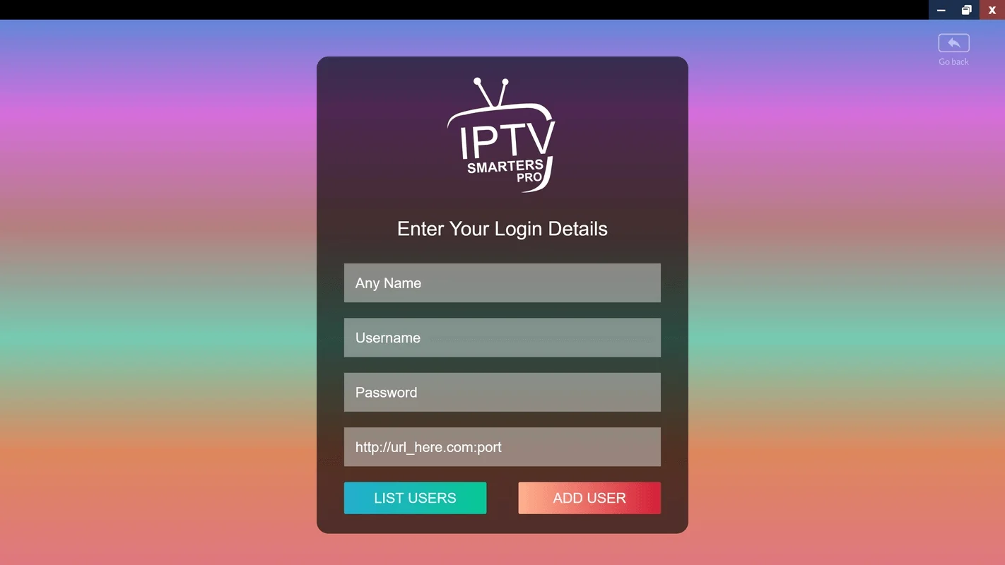 IPTV Smarters Pro login screen with name, username, password, and URL fields on a rainbow gradient background