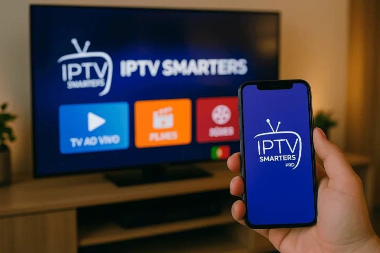 Foto realista de IPTV Smarters Pro em Portugal mostrando Smart TV com ícones de TV ao Vivo, Filmes e Séries, enquanto um smartphone exibe o logotipo da app