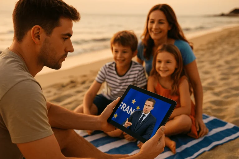 Homme regardant les chaînes françaises sur sa tablette à la plage en famille