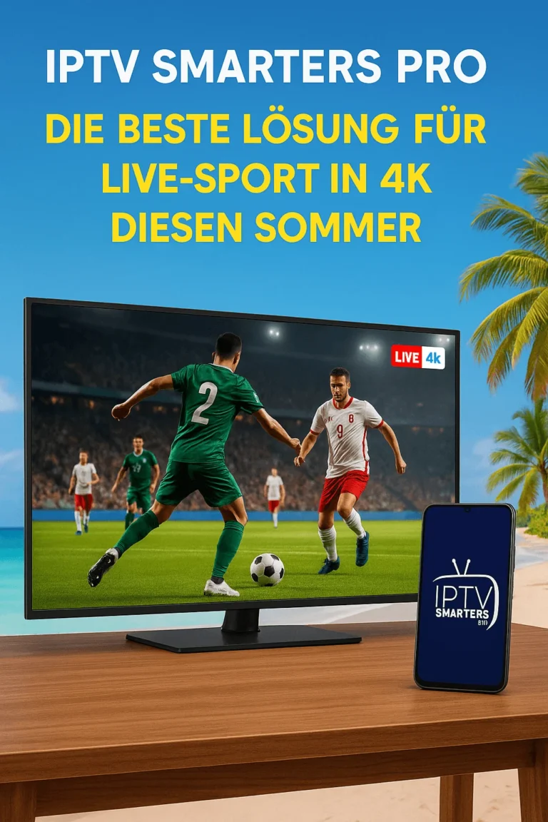 IPTV Smarters Pro zeigt Fußball in 4K auf Fernseher und Handy mit Sommerstrand im Hintergrund