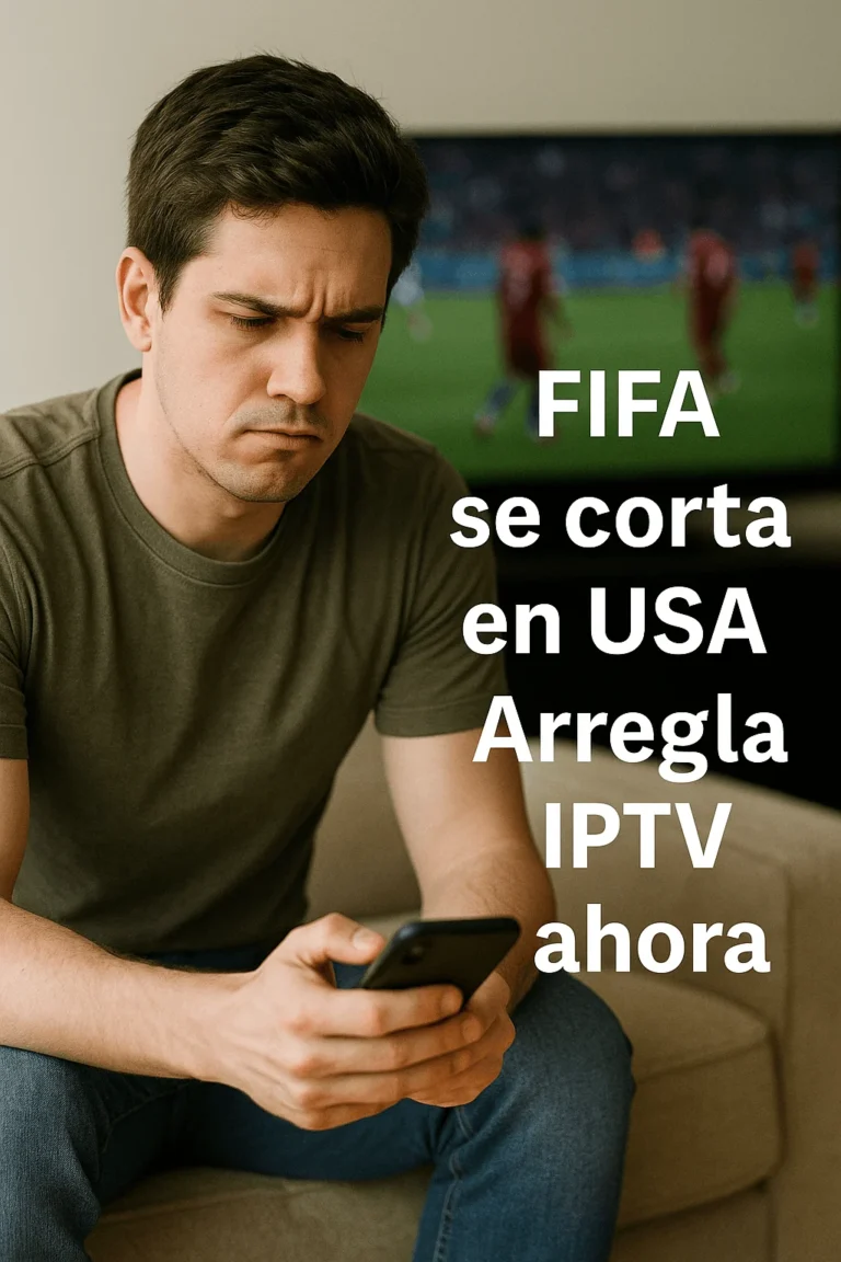 Hombre molesto mirando su celular – partido FIFA al fondo