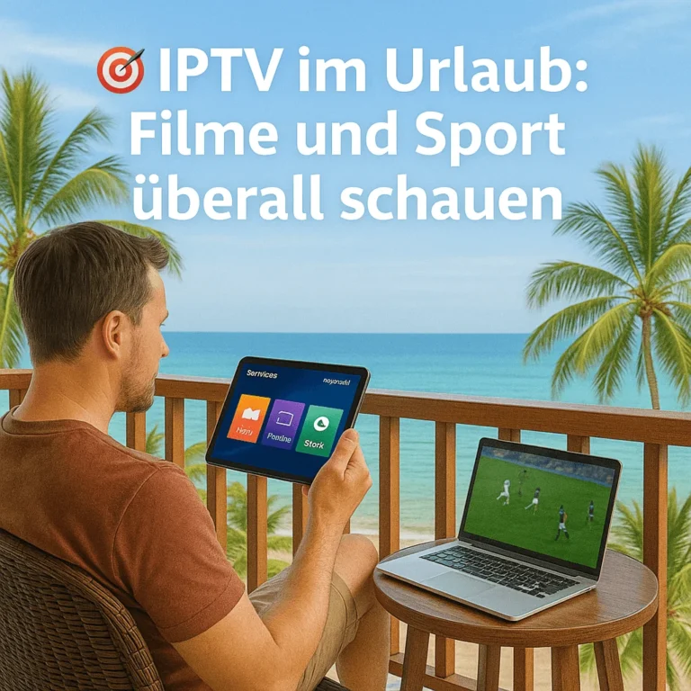 Mann entspannt sich im Urlaub auf einem Balkon, schaut IPTV auf einem Tablet, daneben Laptop mit Fußballspiel, türkisfarbenes Meer im Hintergrund