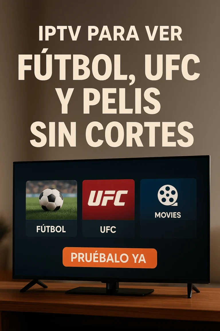 Pantalla de TV mostrando opciones de IPTV: fútbol, UFC y películas, con texto promocional