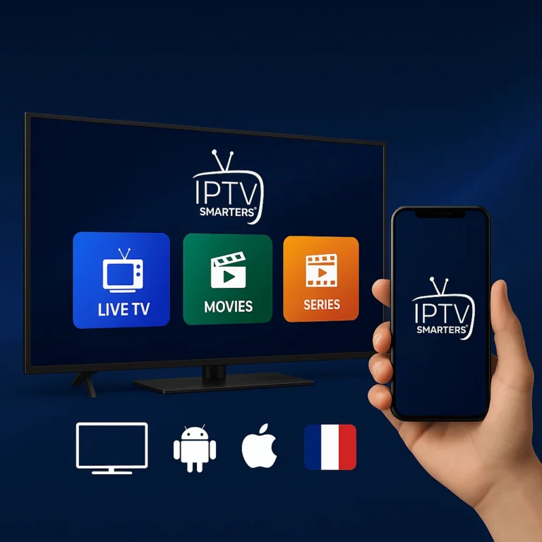 Image promotionnelle IPTV Smarters Pro avec Smart TV et smartphone affichant l’app et des drapeaux de pays pour usage international