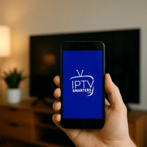 Smartphone mit IPTV Smarters Pro App vor einem Fernseher in einem deutschen Wohnzimmer
