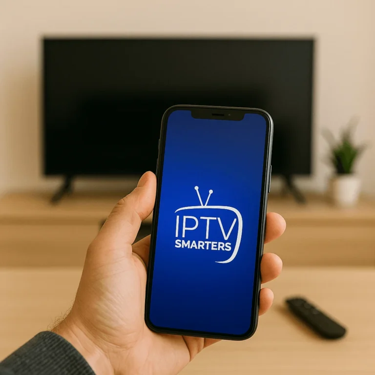 Smartphone exibindo IPTV Smarters Pro diante de uma Smart TV em sala aconchegante