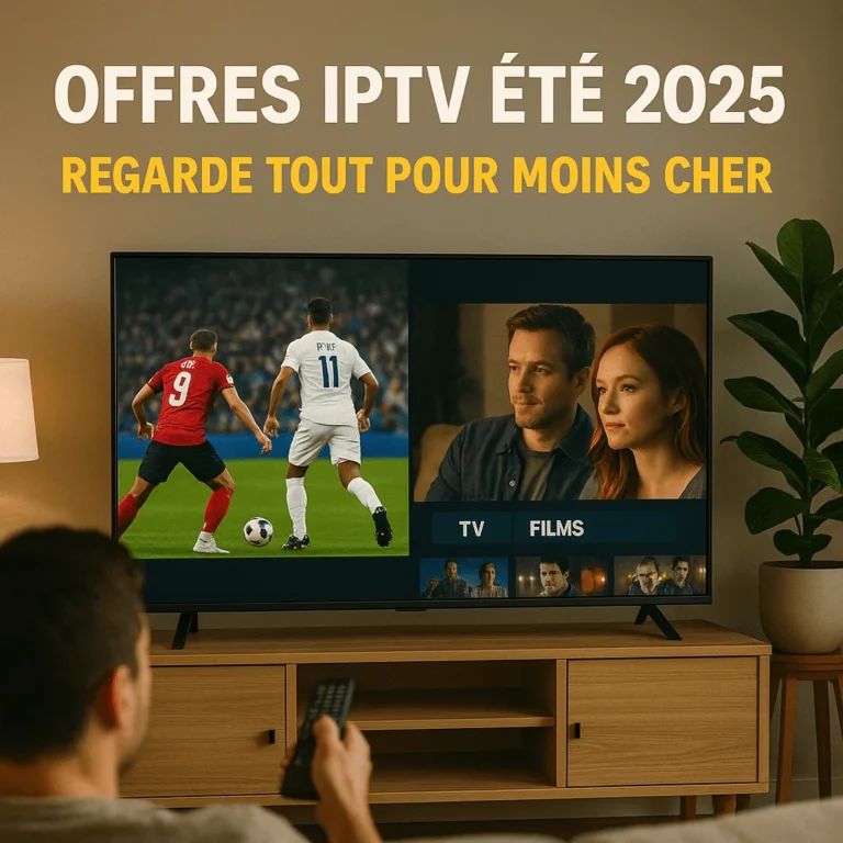 Man watching IPTV in living room with French promo text for summer 2025 deals.