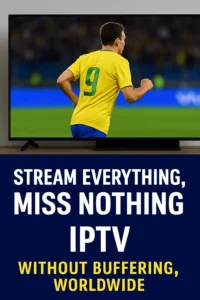 Flat-screen TV shows a soccer match while text promotes IPTV streaming without buffering