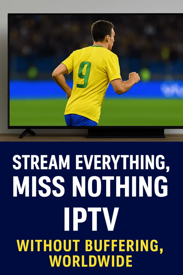 Flat-screen TV shows a soccer match while text promotes IPTV streaming without buffering