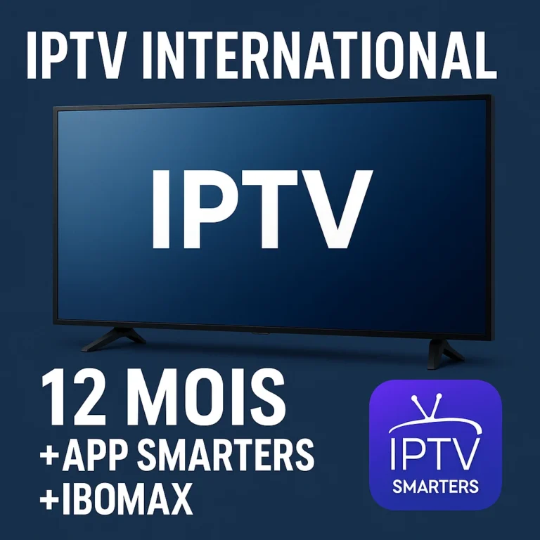 Digital graphic showing IPTV International 12-month subscription with Smarters and IBOMAX apps