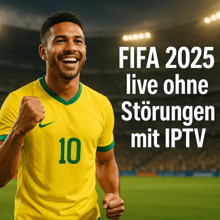 Brazilian soccer player celebrating FIFA 2025 with IPTV text overlay