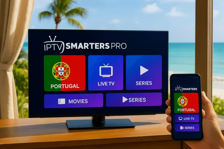 IPTV Smarters Pro exibindo canais de Portugal em TV e celular com fundo de praia