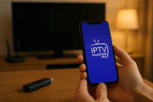 Smartphone con el logo de IPTV Smarters Pro, delante de una Smart TV y un dongle de streaming