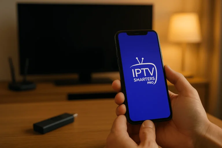 Smartphone con el logo de IPTV Smarters Pro, delante de una Smart TV y un dongle de streaming