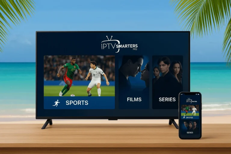 IPTV Smarters Pro exibido em TV e celular com fundo tropical, mostrando categorias de esportes, filmes e séries