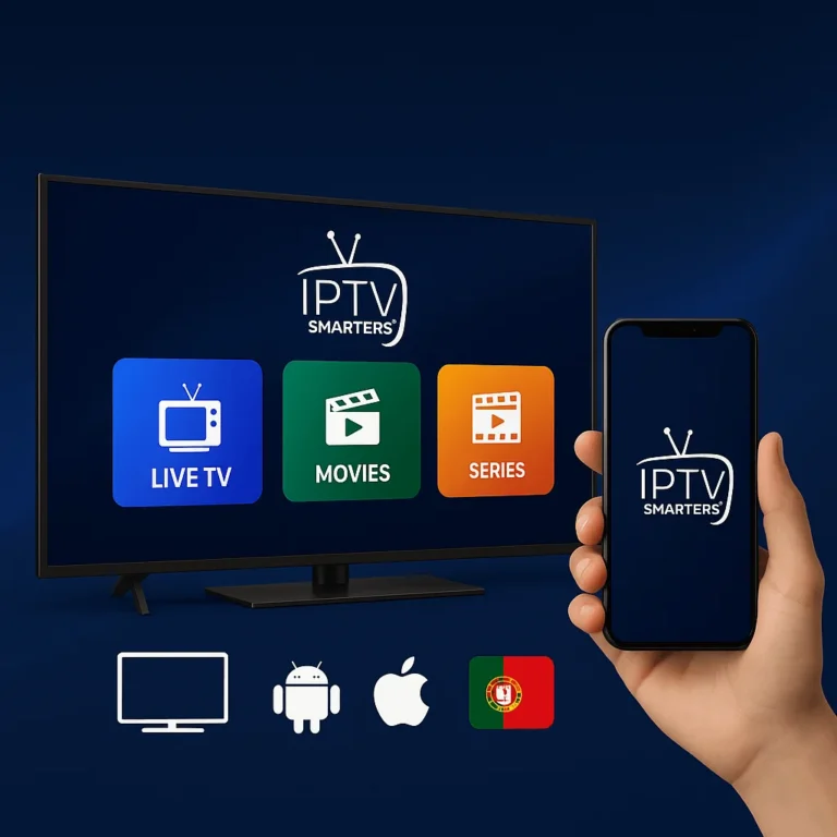 Imagem promocional IPTV Smarters Pro em Portugal mostrando Smart TV e smartphone com a aplicação e bandeira portuguesa