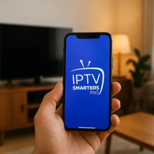 Smartphone exibindo IPTV Smarters Pro em sala moderna e iluminada em Portugal