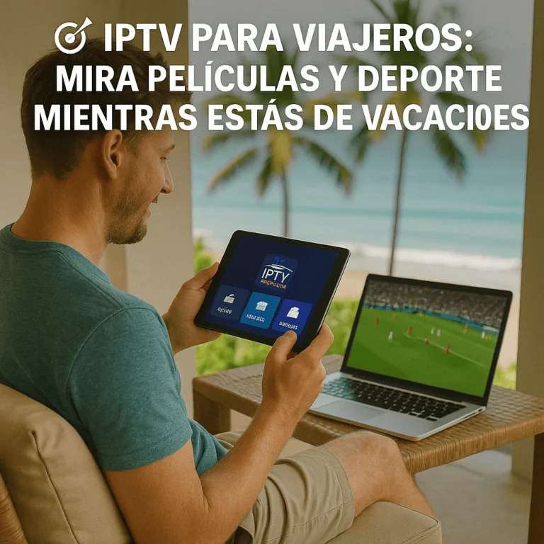 Hombre de vacaciones viendo IPTV en una tablet con fondo de playa tropical; laptop muestra un partido de fútbol en vivo