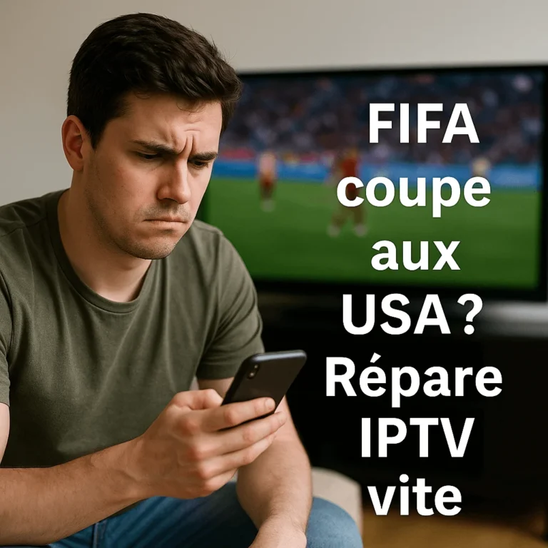 Jeune homme regardant son téléphone, match FIFA flou à la TV