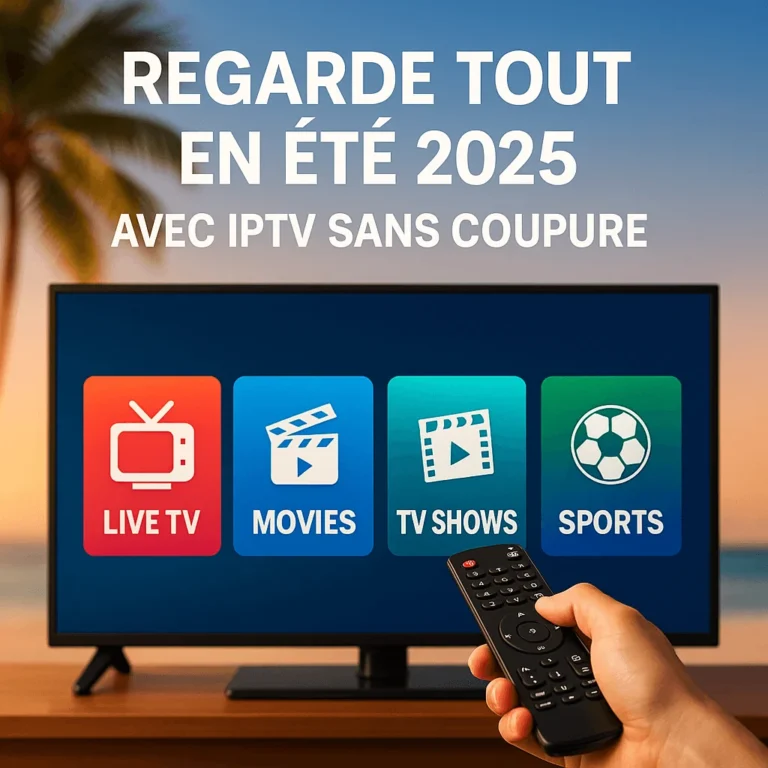 Écran TV avec IPTV affichant catégories : Live TV, Movies, TV Shows, Sports, fond d’été tropical
