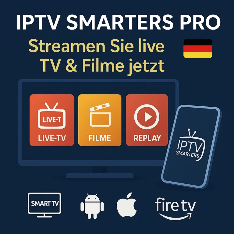 Deutsches Werbebild für IPTV Smarters Pro mit deutscher Flagge, Smart TV und Smartphone, die Live-TV, Filme und Replay anzeigen