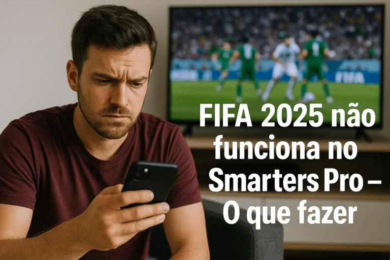 Homem preocupado vendo o celular com jogo FIFA 2025 na TV