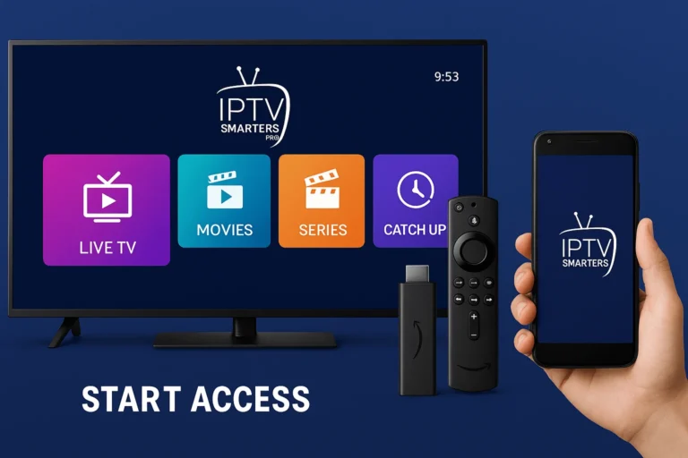 Image promotionnelle IPTV Smarters Pro en France montrant Smart TV, Fire Stick et smartphone affichant l’application avec icônes TV en direct, films et séries