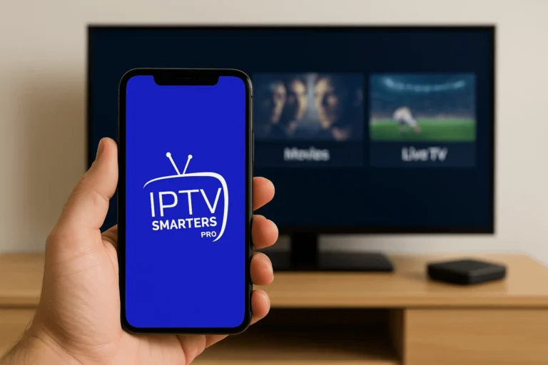Smartphone mostrando IPTV Smarters Pro frente a TV con opciones de Movies y Live TV