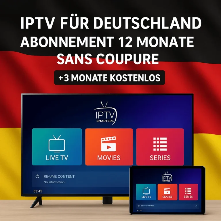 Smart TV mit IPTV Smarters Pro Interface, deutsche Flagge im Hintergrund, Tablet mit derselben App davor
