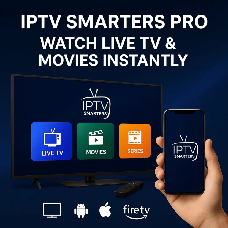 Promotional IPTV Smarters Pro image with Smart TV and smartphone showing Live TV, Movies, and Series icons