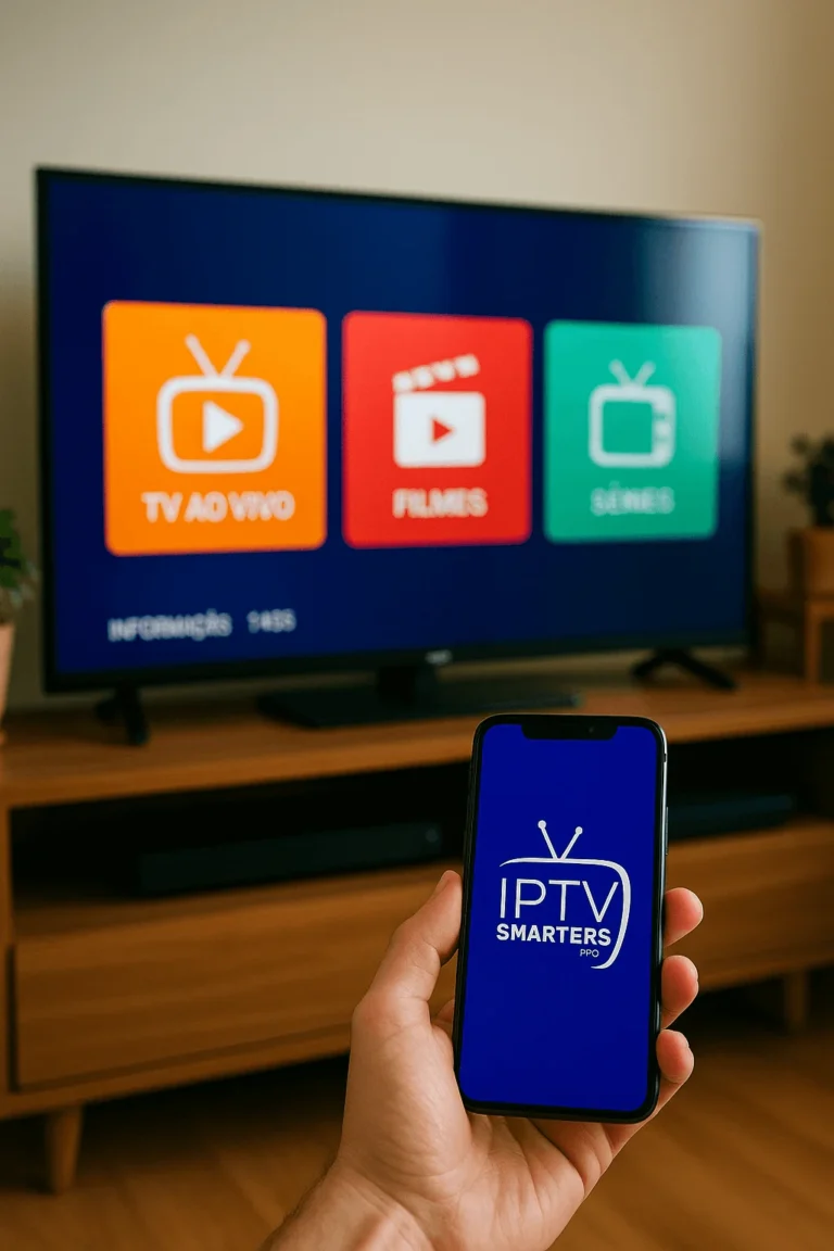 Realistic lifestyle photo showing IPTV Smarters Pro interface on a Smart TV with colorful icons for Live TV, Movies, and Series, while a person holds a smartphone with the IPTV Smarters logo