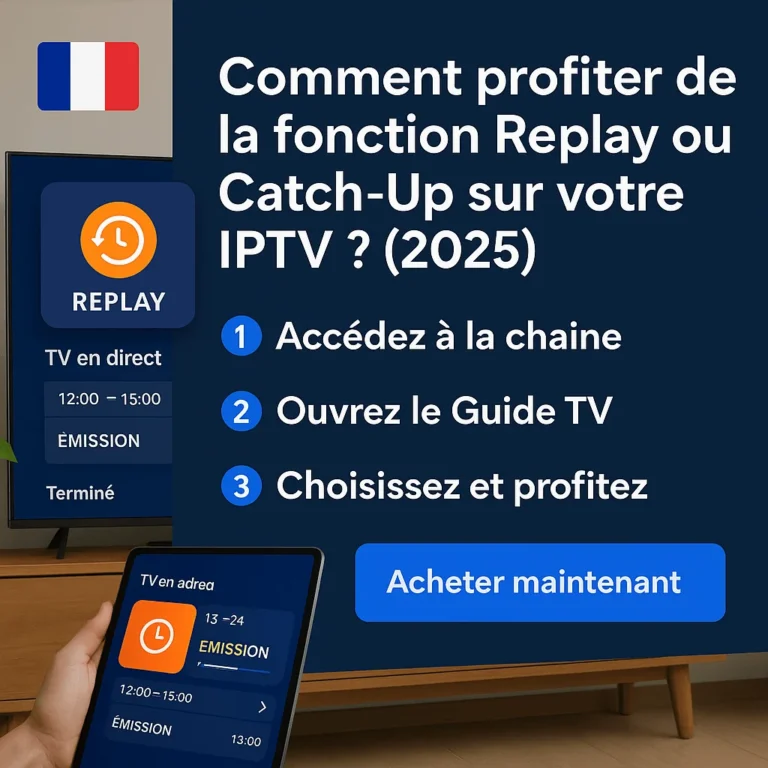 Téléviseur et tablette affichant l’option Replay IPTV avec tutoriel, drapeau français en haut à gauche