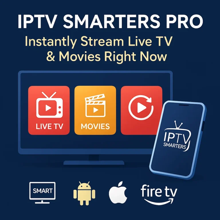 Promotional image of IPTV Smarters Pro showing Smart TV and smartphone with Live TV, Movies, and Replay icons