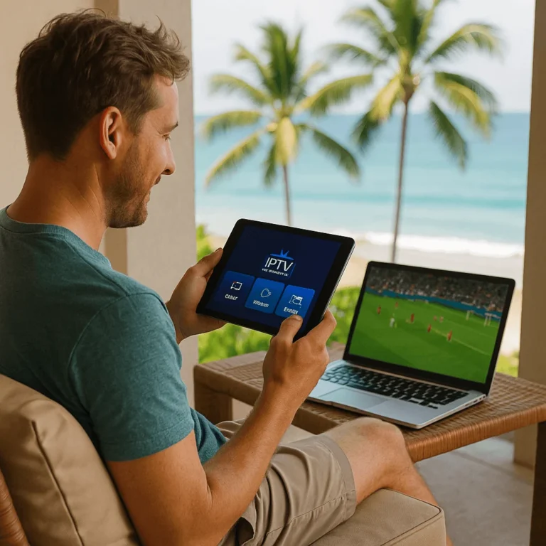 Homme en vacances regardant IPTV Smarters Pro sur une tablette avec un match de football affiché sur un ordinateur portable, fond tropical avec palmiers