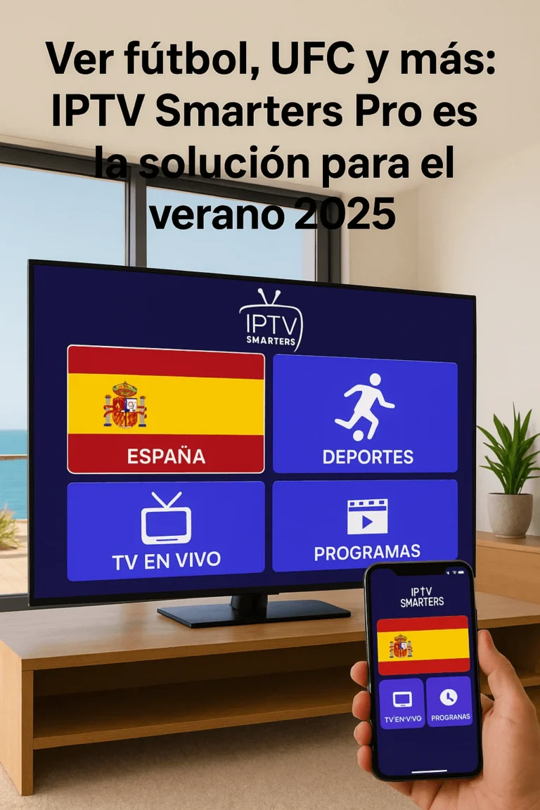 Interfaz IPTV Smarters Pro en TV y móvil mostrando España, deportes, TV en vivo y programas