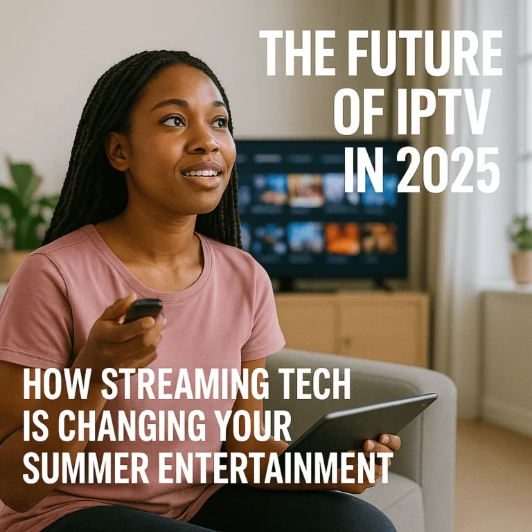 Woman sitting in a modern home using a large smart TV and tablet to explore IPTV services, with glowing interface elements around her.