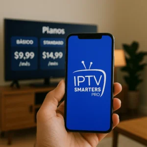 Smartphone exibindo IPTV Smarters Pro com tela de planos e preços ao fundo na TV