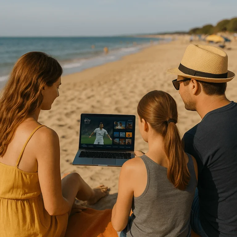 Deutsche Familie schaut IPTV Smarters Pro am Strand im Sommer
