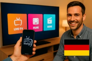 Foto realistisch von IPTV Smarters Pro in Deutschland, mit Smart TV Interface und einem Mann, der freundlich lächelt, während ein Smartphone das App-Logo zeigt